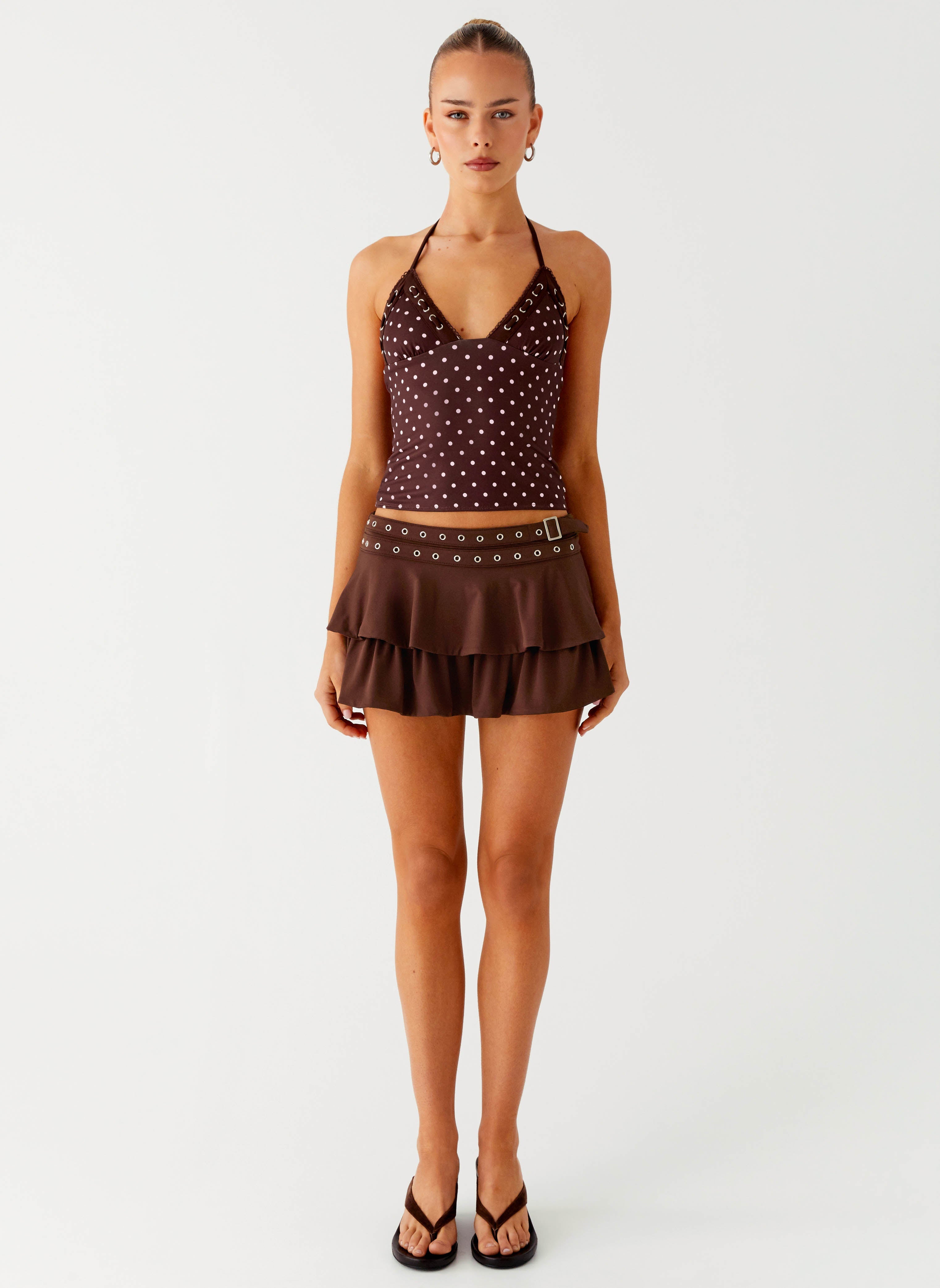 Bahama Eyelet Lace Up Top - Chocolate Strawberry Dot
